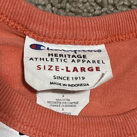 VTG Champion Shirt Mens Large Orange Heritage Scribble AOP Logo Heavy Tee - Picture 2 of 6